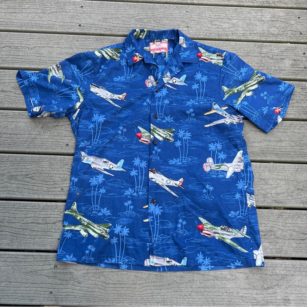 RJC: Blue War Airplane Hawaiian Button-Down Print Shirt. Men’s size Large.